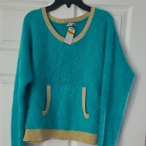 Juicy Couture Teal Fuzzy Scoop Neck Sweater with Gold Trim
